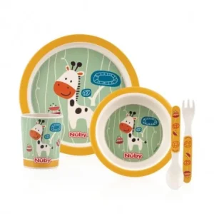 Nûby bamboo feeding set contient 1assiette, 1 bol, 1 tasse, 1 fourchette et 1 cuillère Réf : ID5498